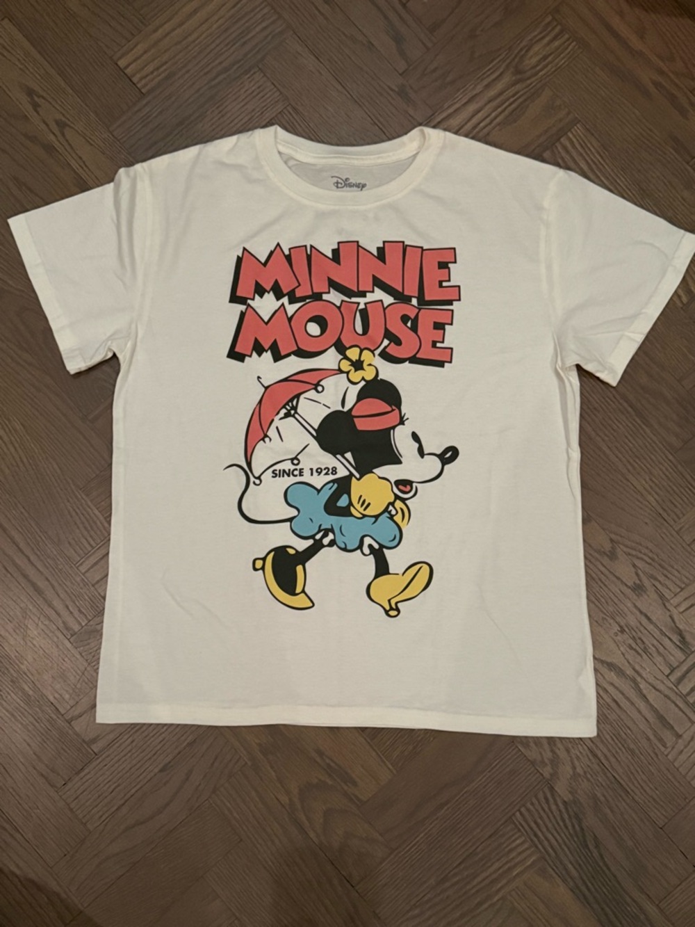 Disney Minnie Mouse Graphic Tee - White with Red, Yellow & Blue